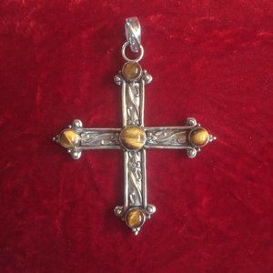 Vintage Sterling Silver Tiger Eye Gemstone Cross